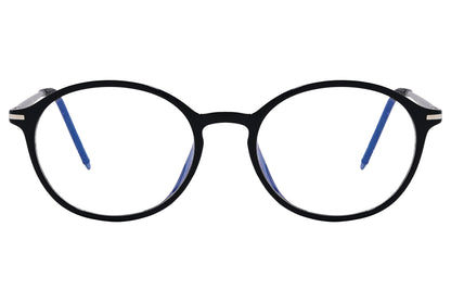 likii round black with blue eyeglasses frame viewed from front angle.