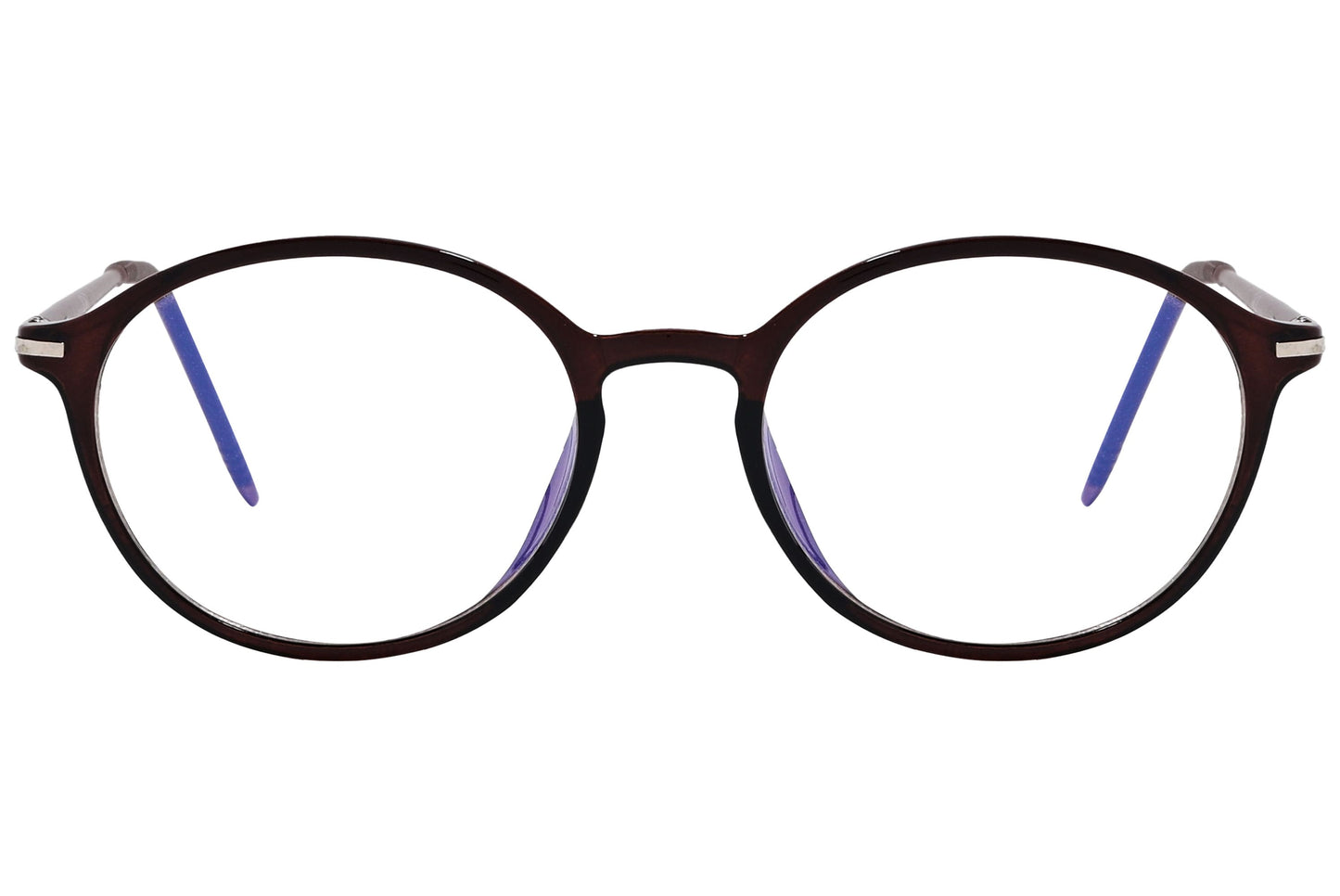 likii round brown eyeglasses frame viewed from front angle.