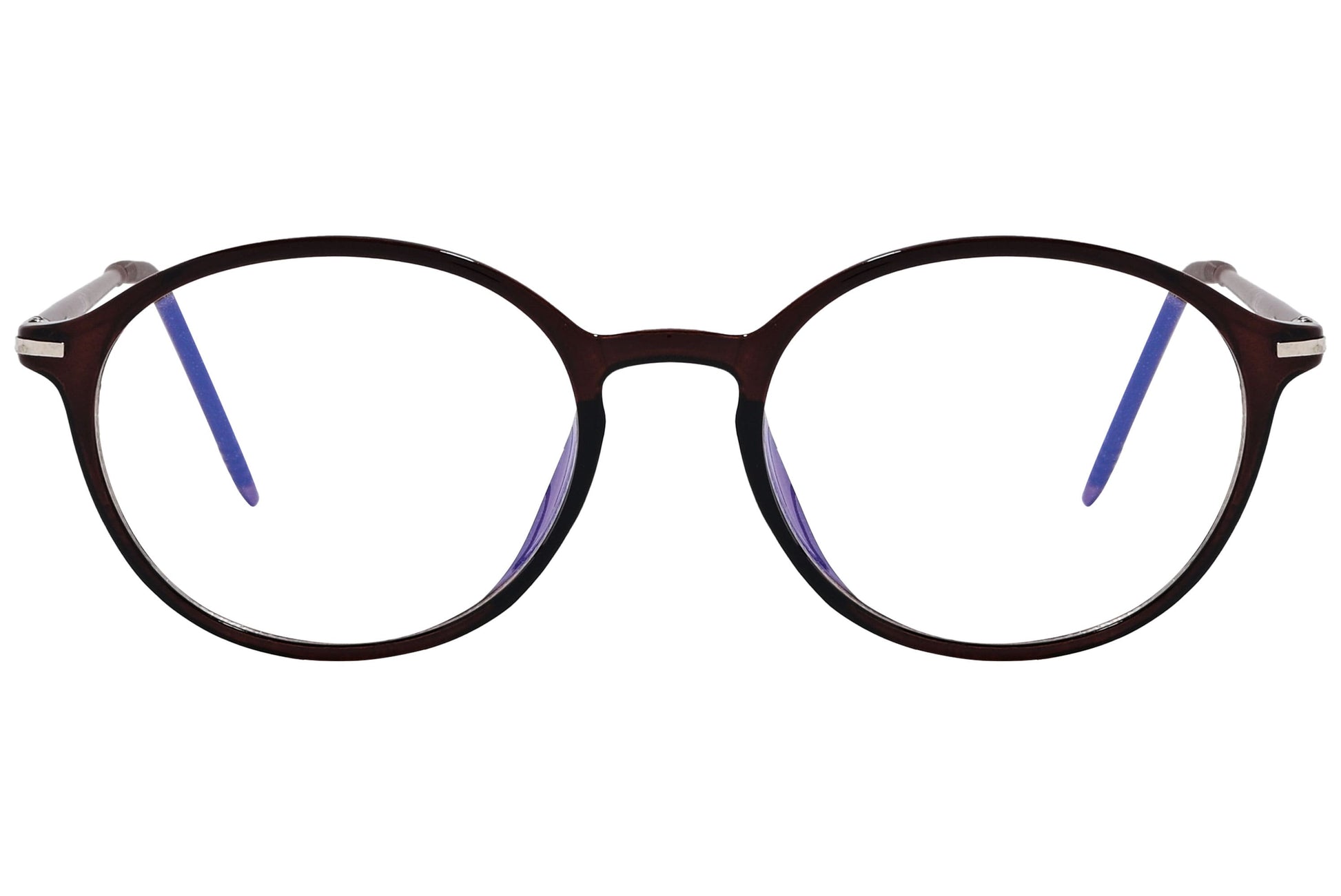 likii round brown eyeglasses frame viewed from front angle.