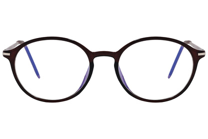 likii round brown eyeglasses frame viewed from front angle.