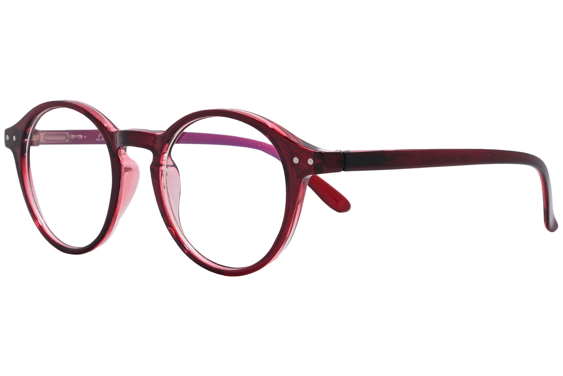 likii round red eyeglasses frame viewed from a 45-degree angle.