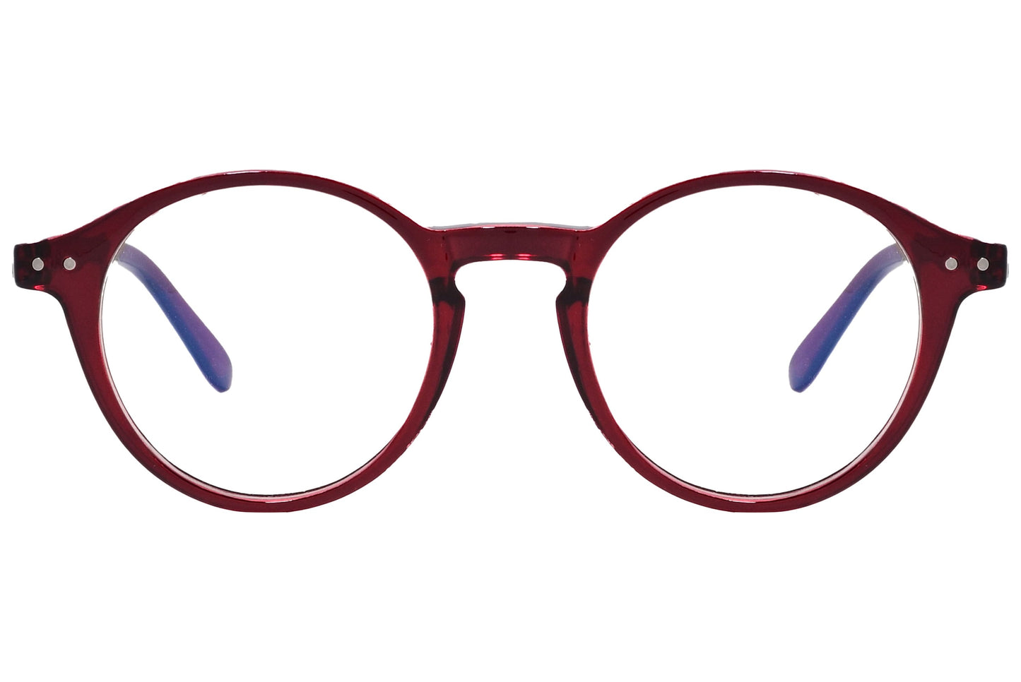 likii round red eyeglasses frame viewed from front angle.