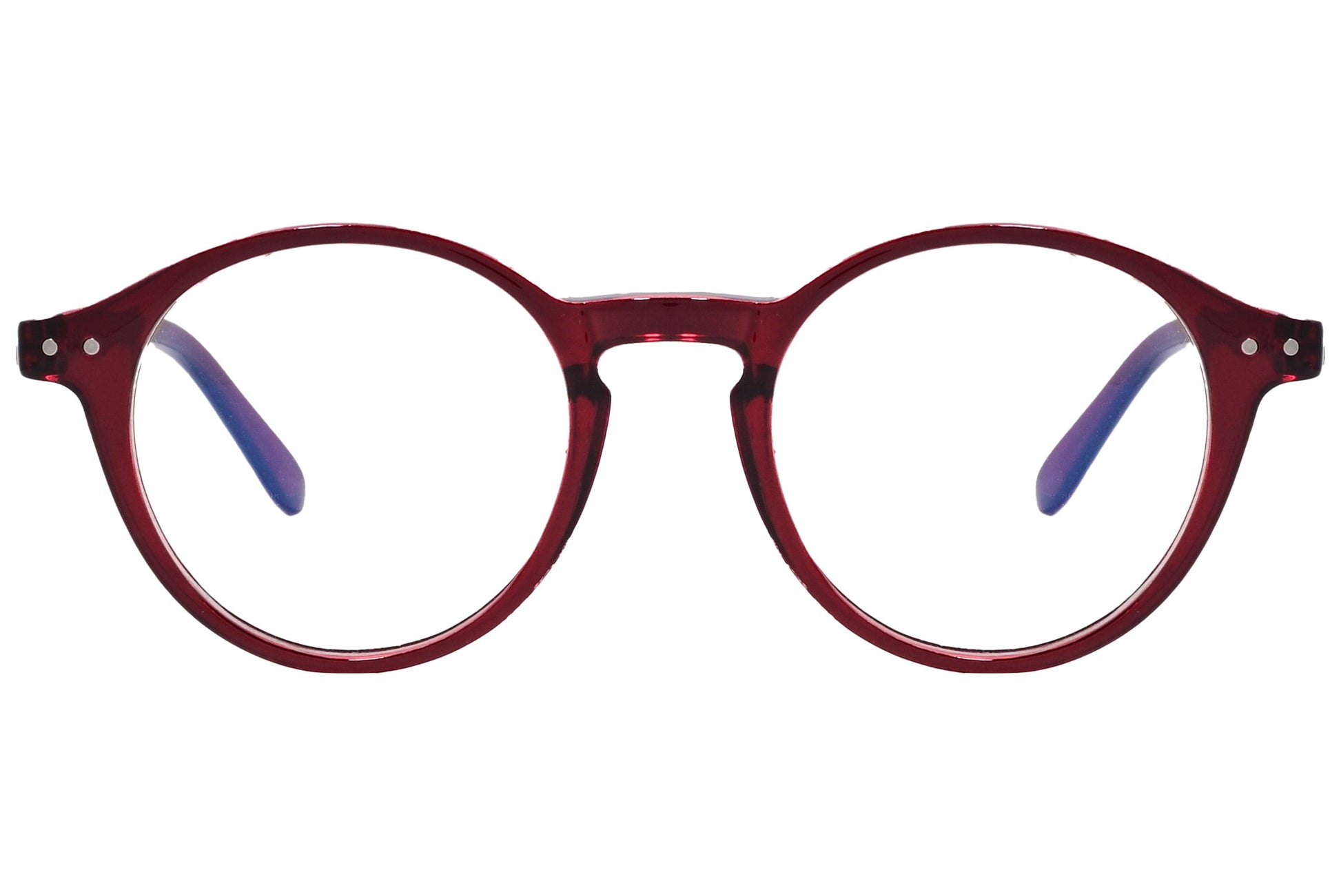 likii round red eyeglasses frame viewed from front angle.