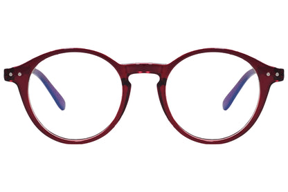 likii round red eyeglasses frame viewed from front angle.