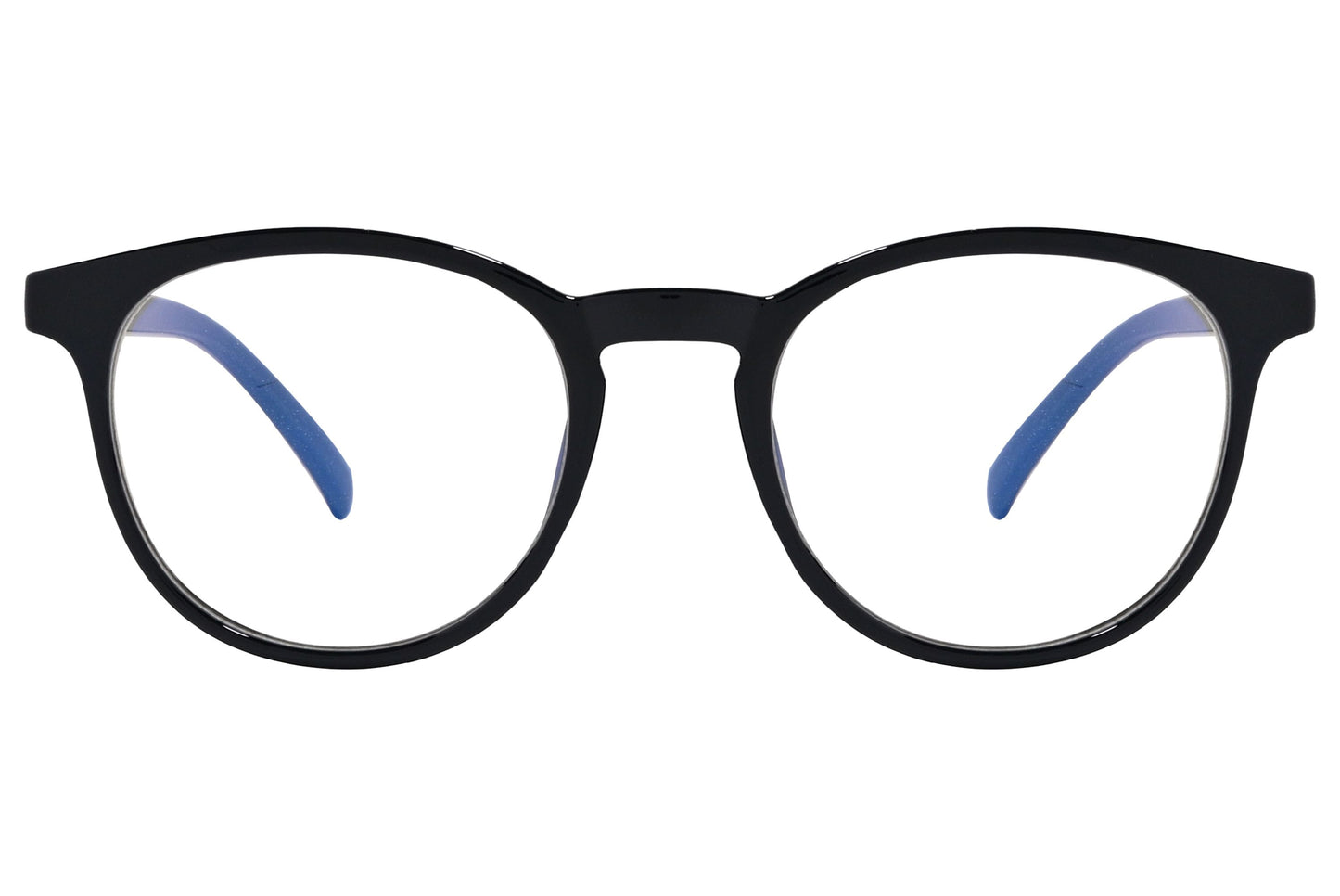 likii round black eyeglasses frame viewed from front angle.