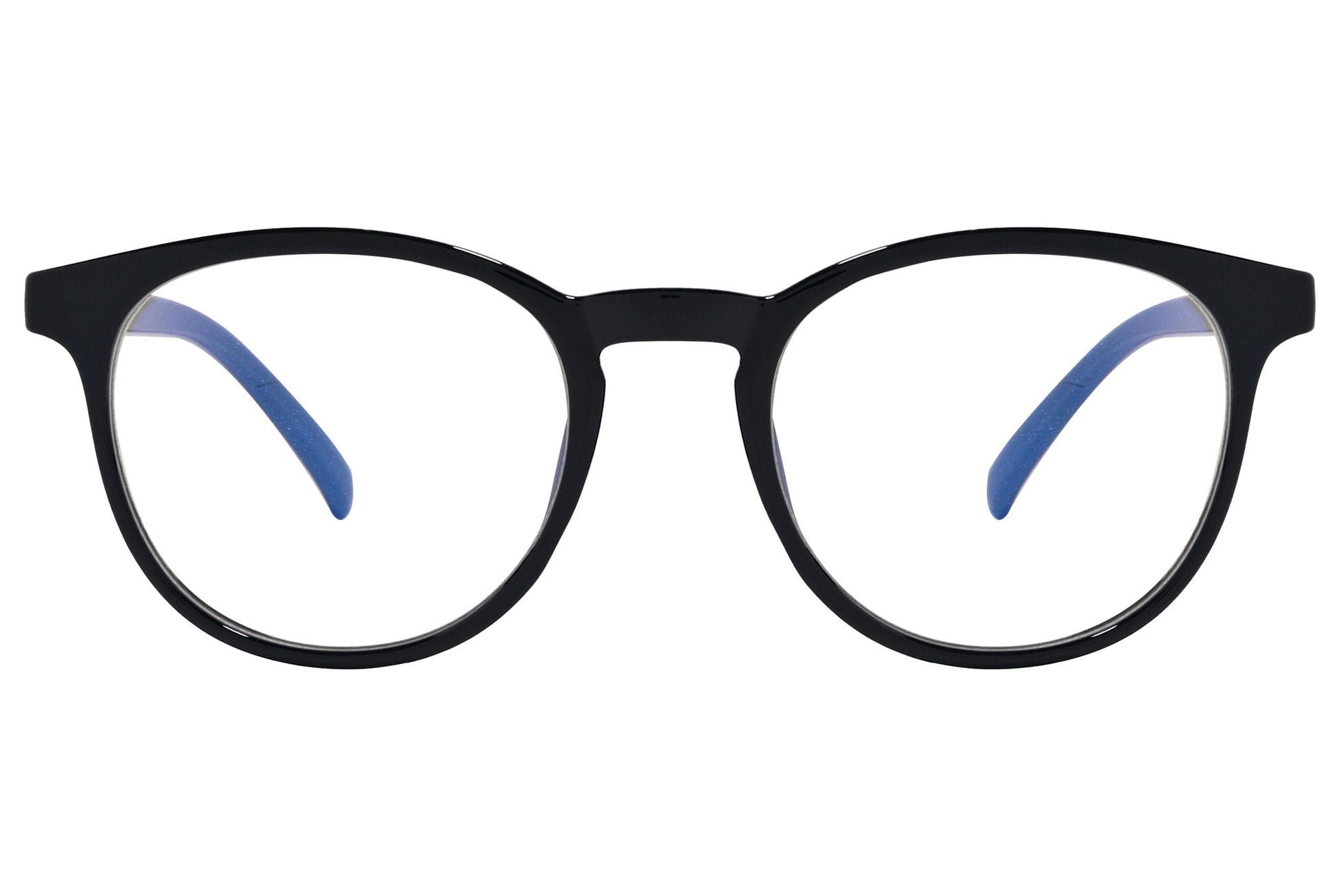 likii round black eyeglasses frame viewed from front angle.