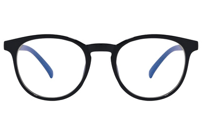 likii round black eyeglasses frame viewed from front angle.