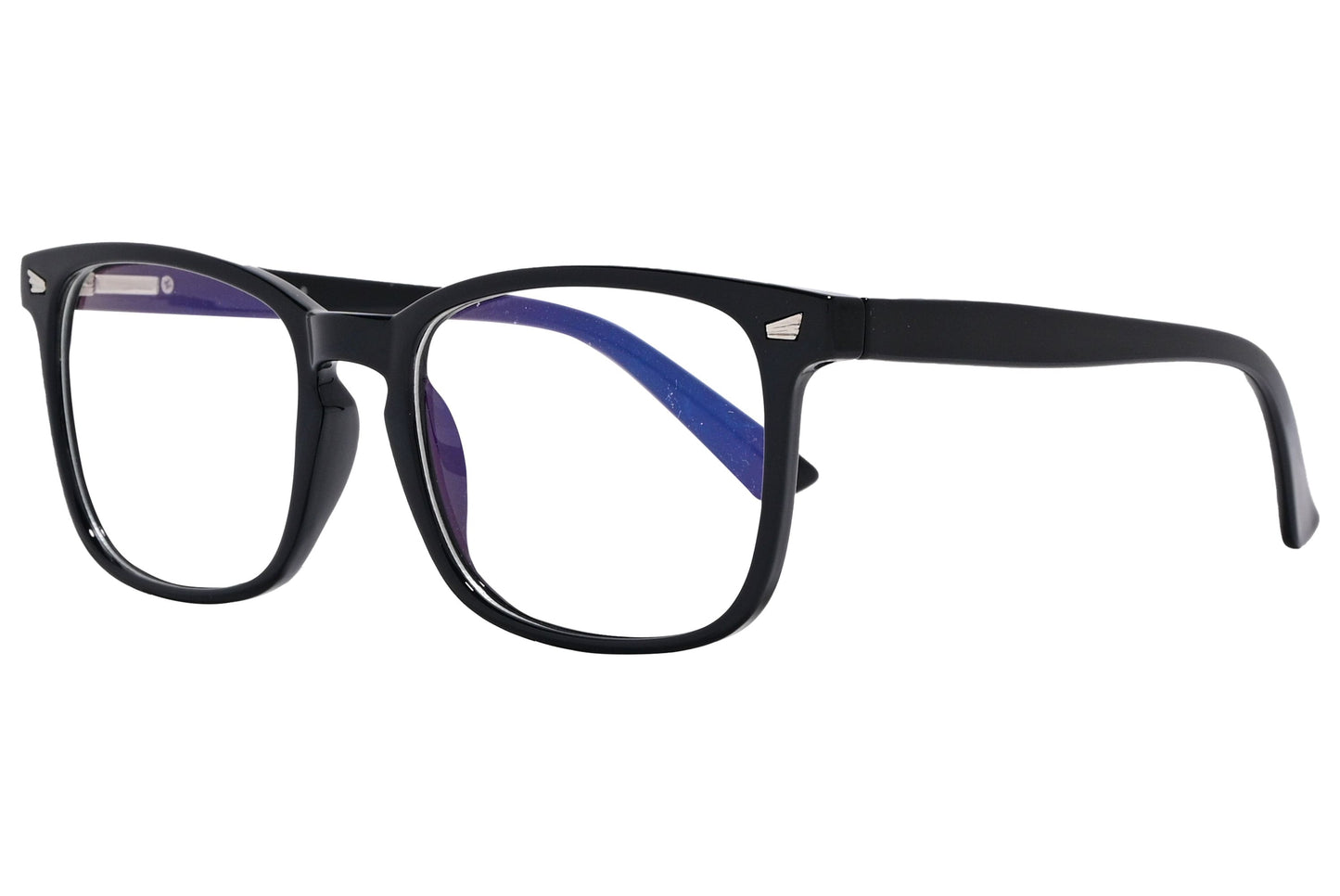 likii square black with blue eyeglasses frame viewed from a 45-degree angle.