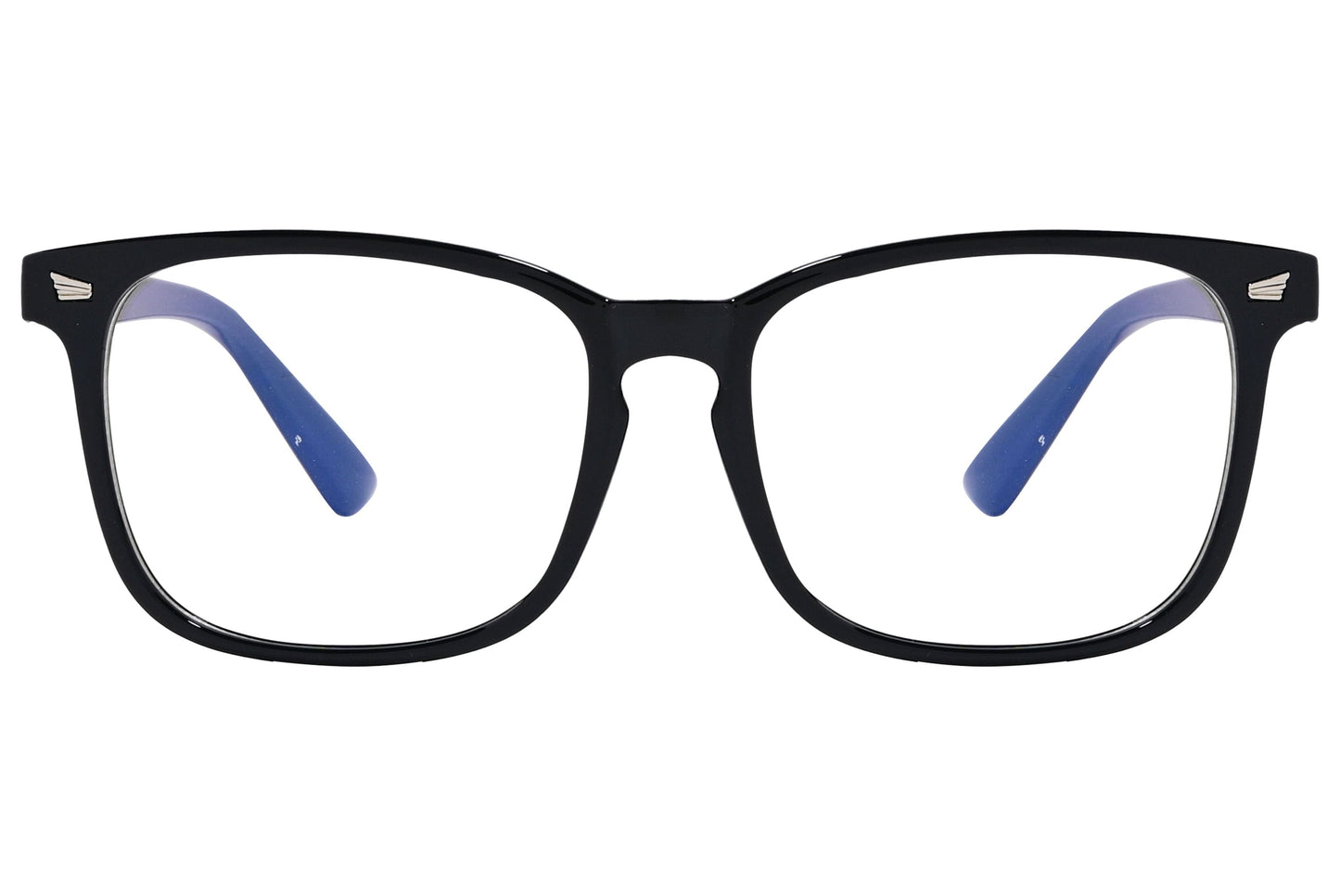 likii square black with blue eyeglasses frame viewed from front angle.