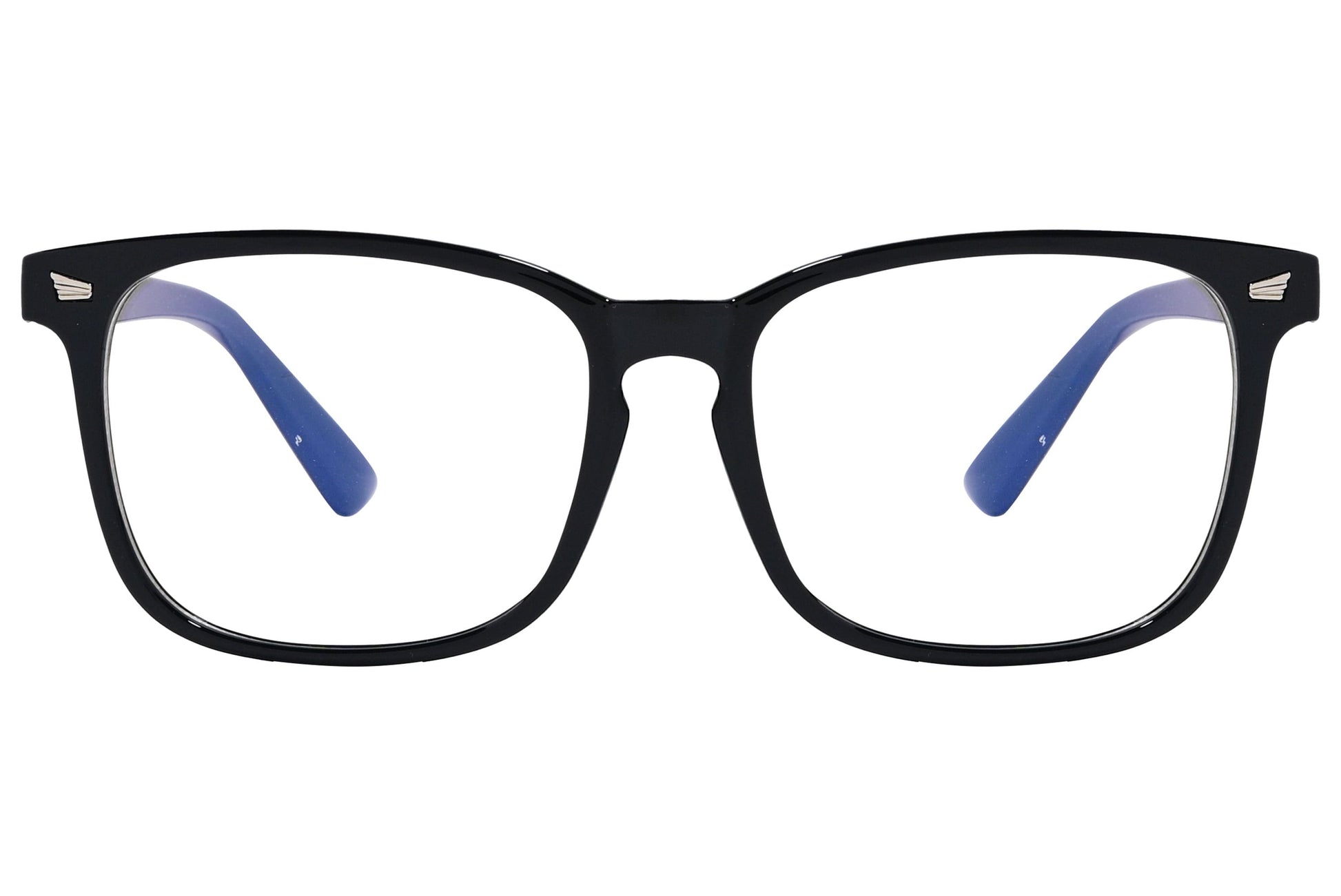 likii square black with blue eyeglasses frame viewed from front angle.