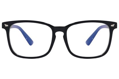 likii square black with blue eyeglasses frame viewed from front angle.