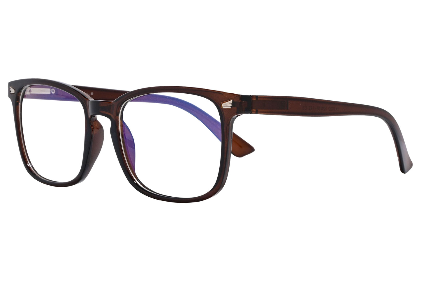 likii square brown eyeglasses frame viewed from a 45-degree angle.