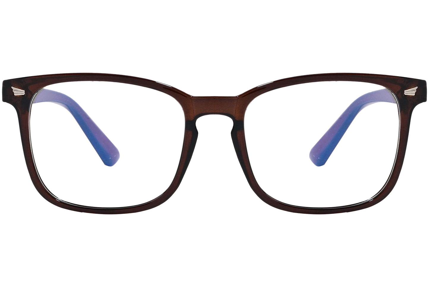 likii square brown eyeglasses frame viewed from front angle.