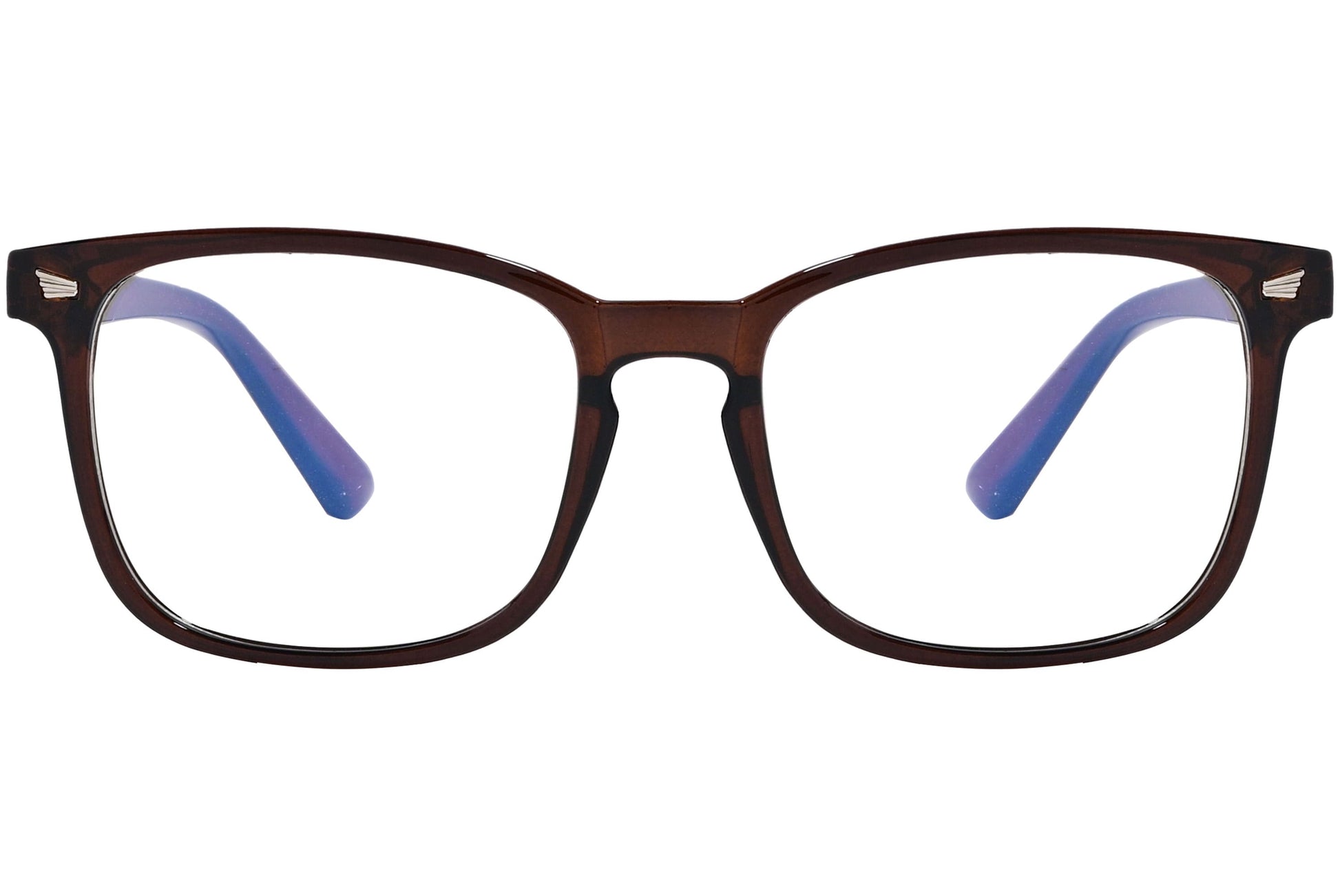 likii square brown eyeglasses frame viewed from front angle.