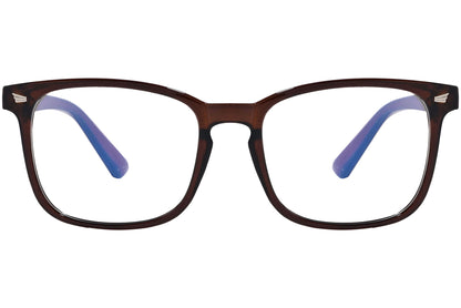 likii square brown eyeglasses frame viewed from front angle.