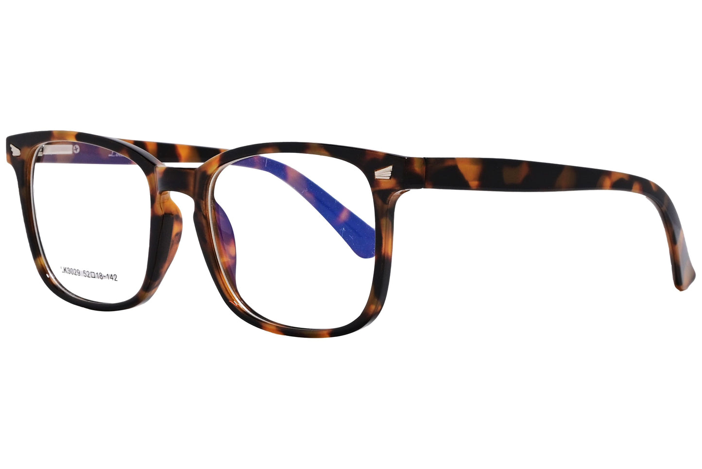 likii square tortoise eyeglasses frame viewed from a 45-degree angle.