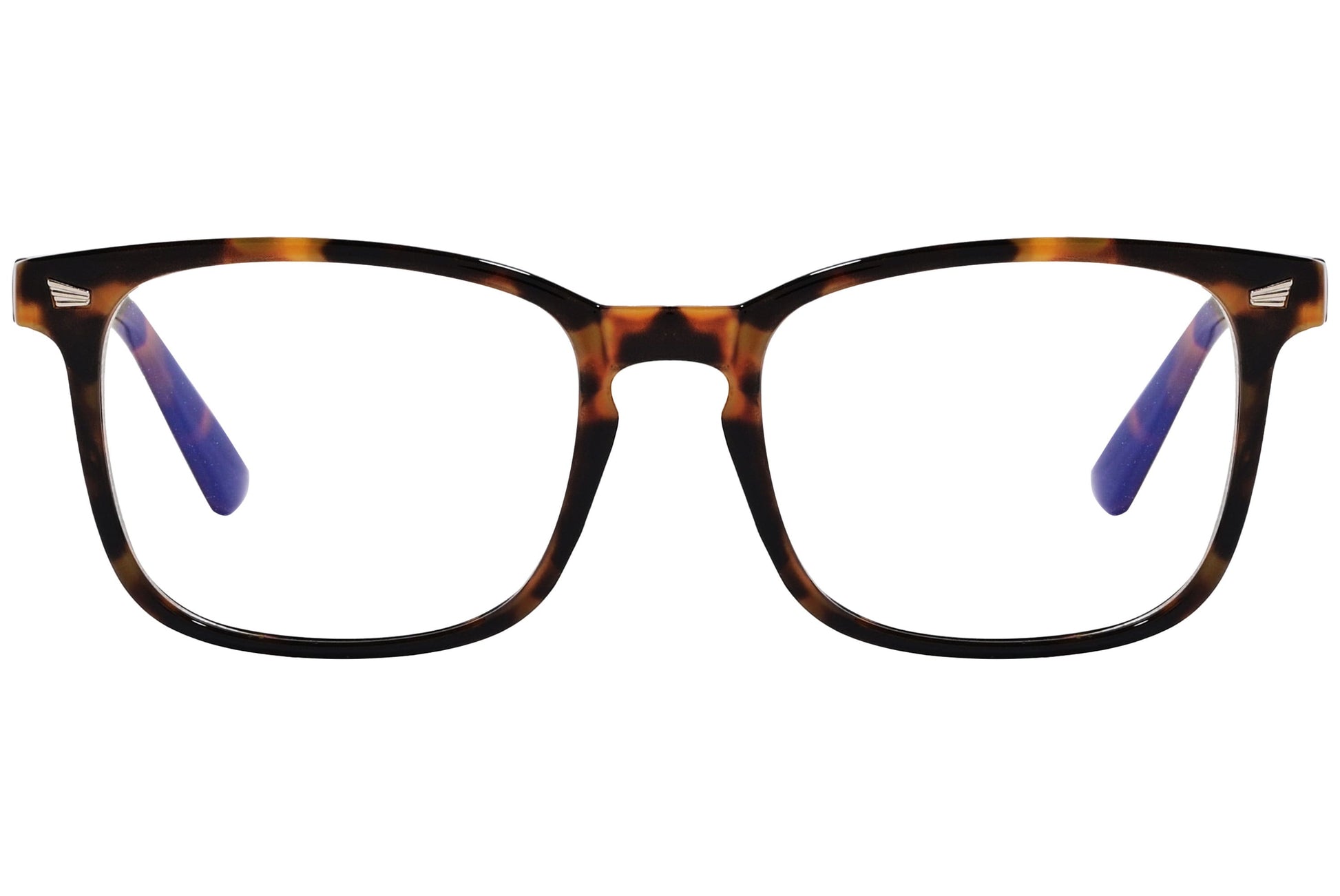 likii square tortoise eyeglasses frame viewed from front angle.