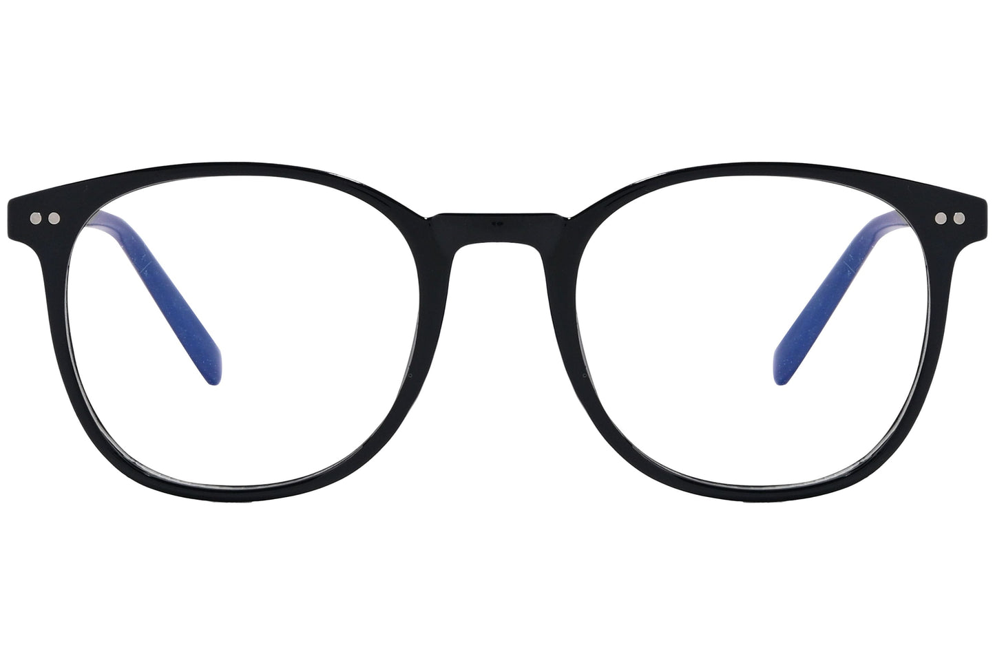 likii round black eyeglasses frame viewed from front angle.