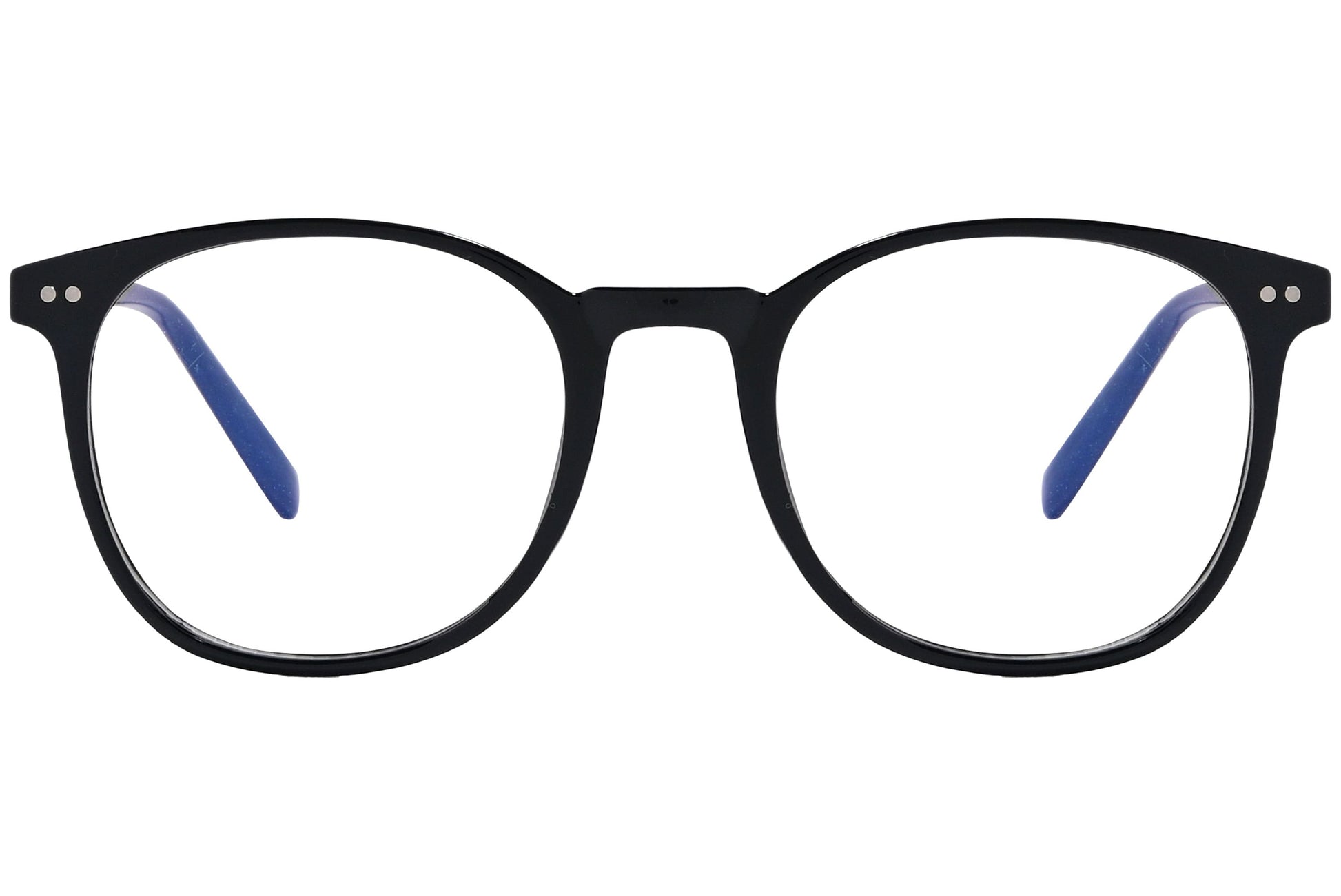 likii round black eyeglasses frame viewed from front angle.