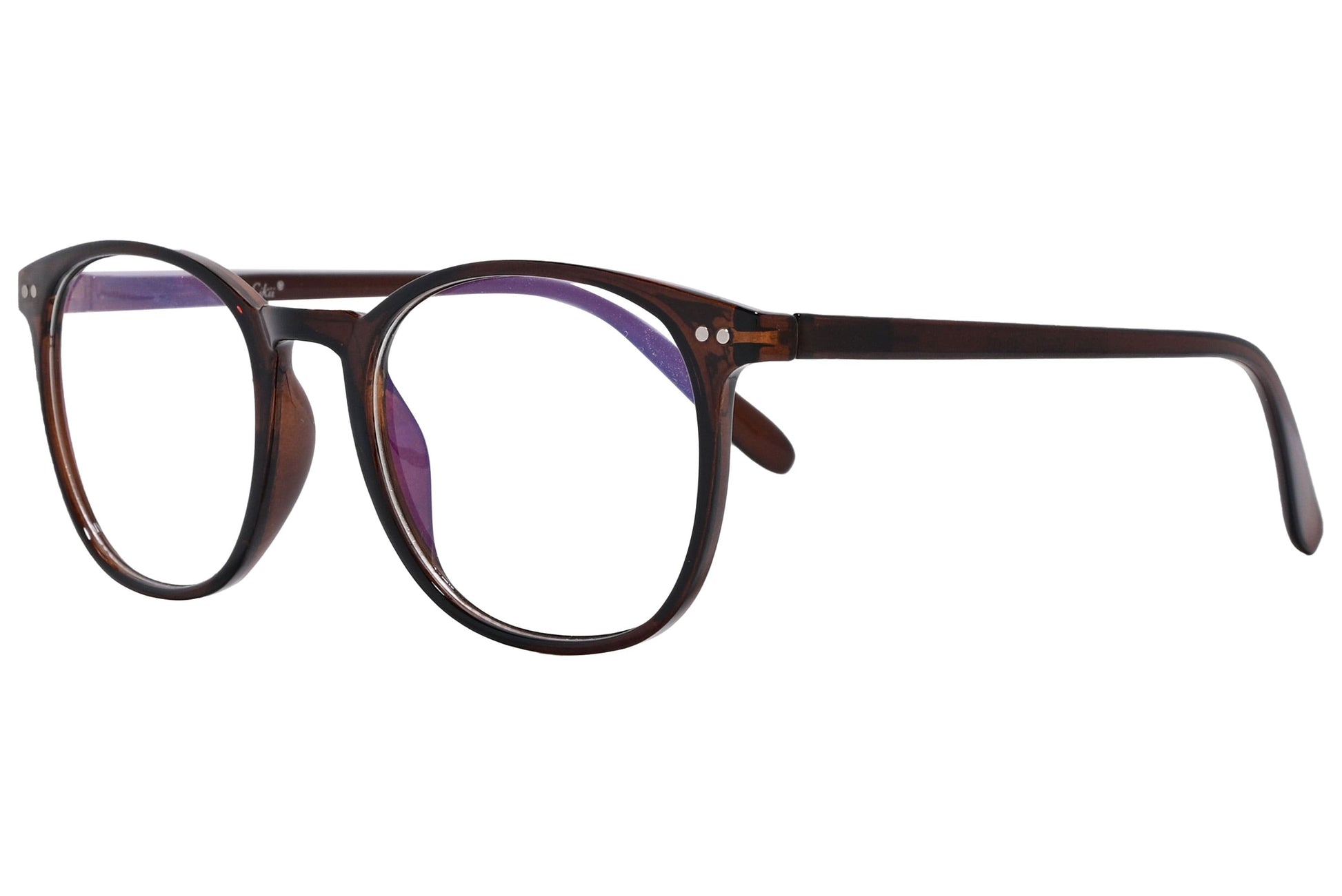 likii round brown eyeglasses frame viewed from a 45-degree angle.