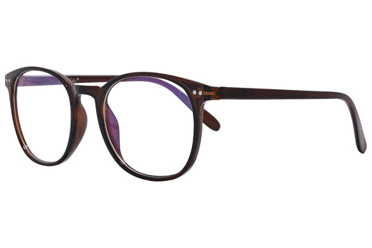 likii round brown eyeglasses frame viewed from a 45-degree angle.