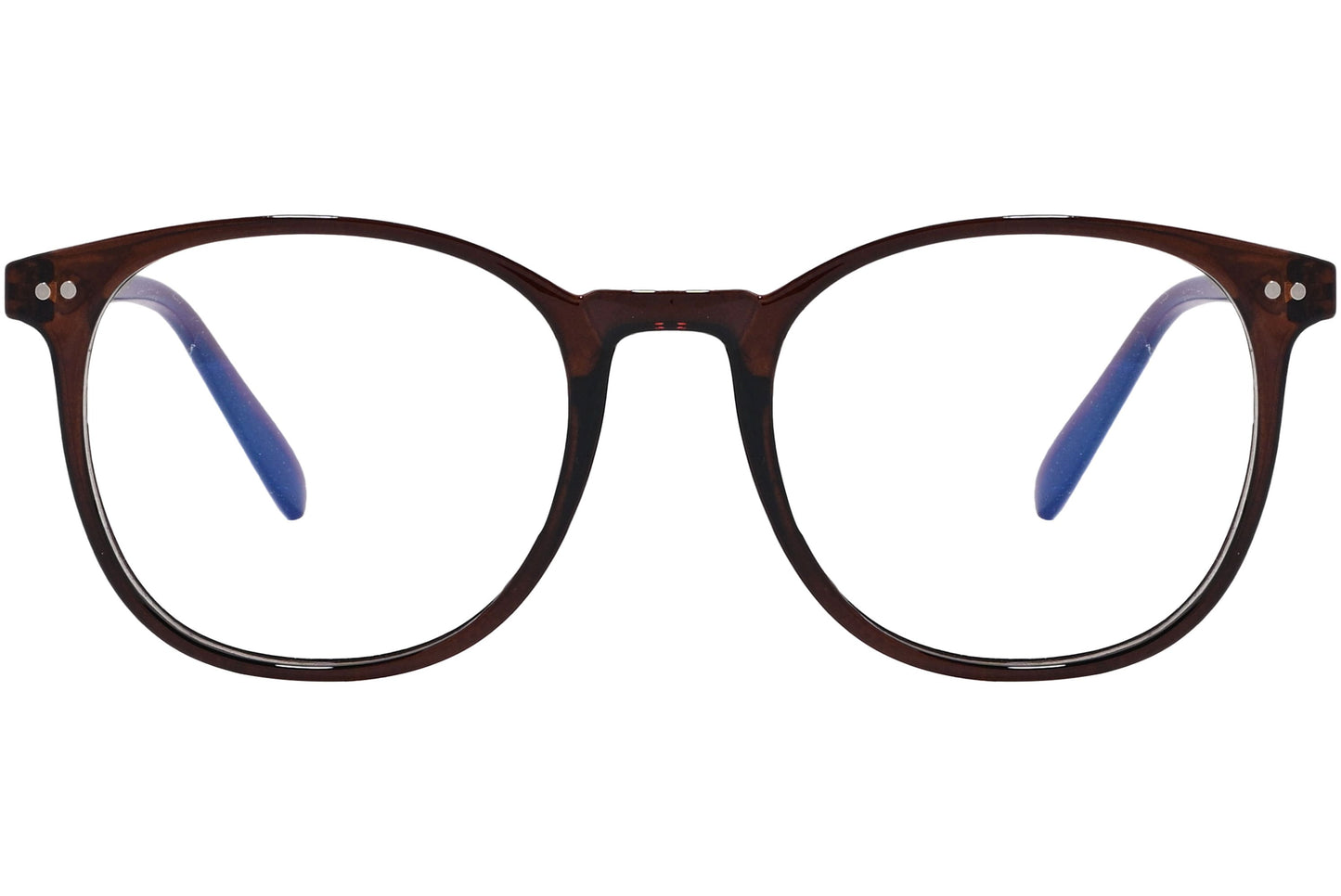 likii round brown eyeglasses frame viewed from front angle.