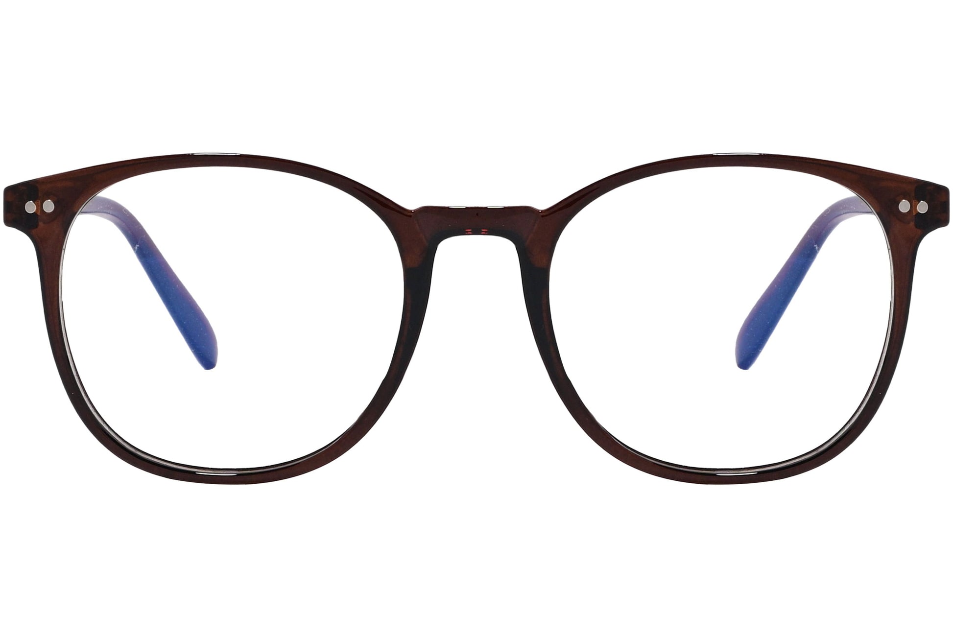 likii round brown eyeglasses frame viewed from front angle.