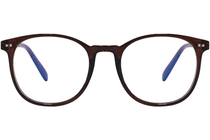 likii round brown eyeglasses frame viewed from front angle.