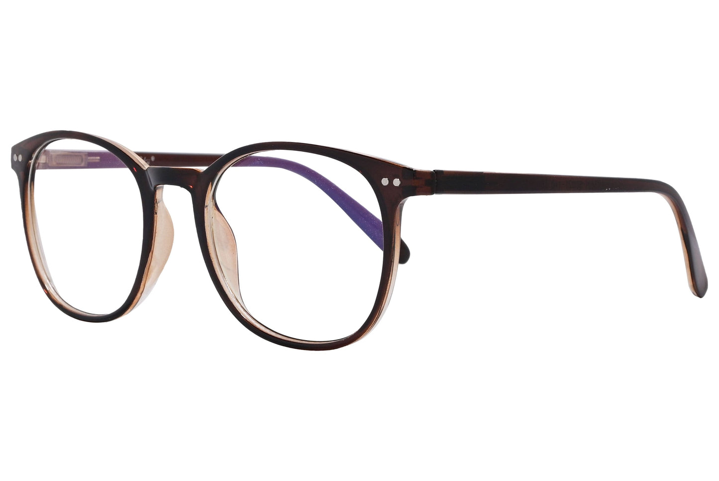 likii round brown eyeglasses frame viewed from a 45-degree angle.