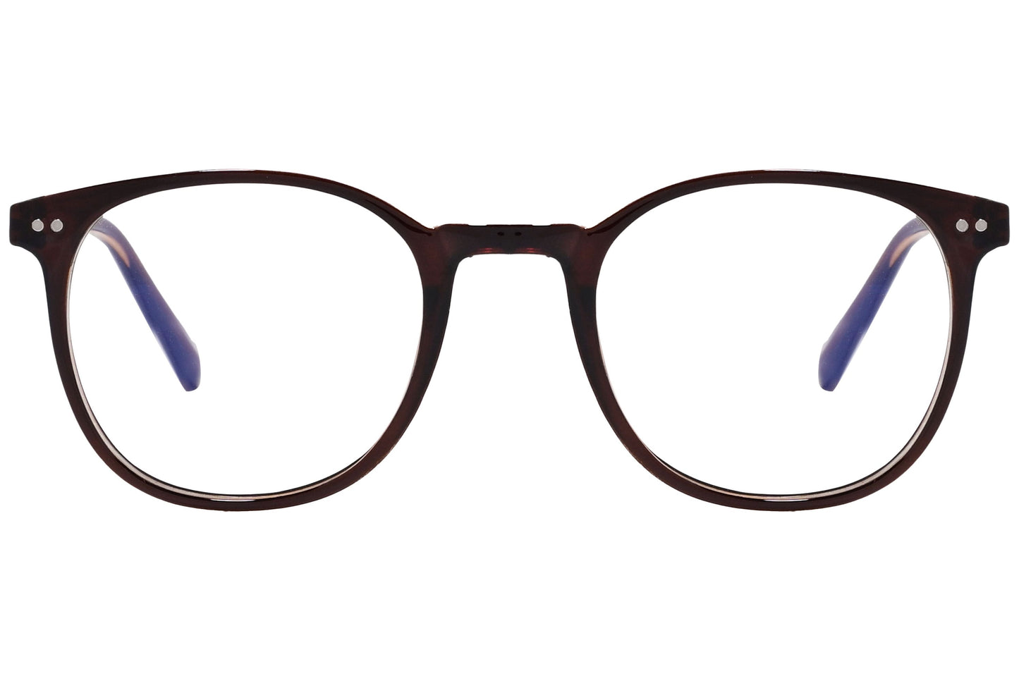 likii round brown eyeglasses frame viewed from front angle.