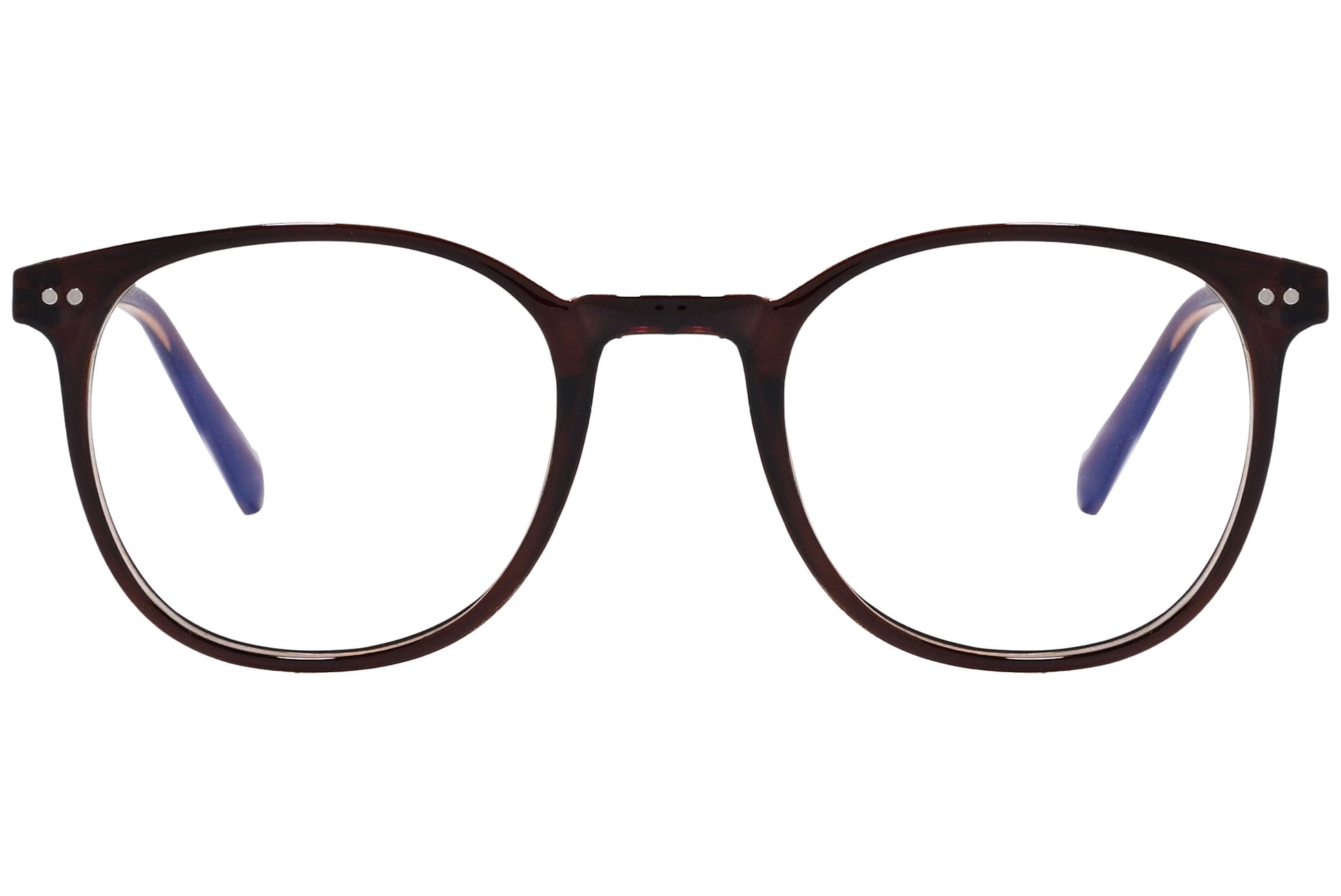 likii round brown eyeglasses frame viewed from front angle.