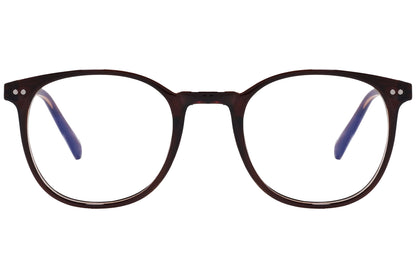 likii round brown eyeglasses frame viewed from front angle.