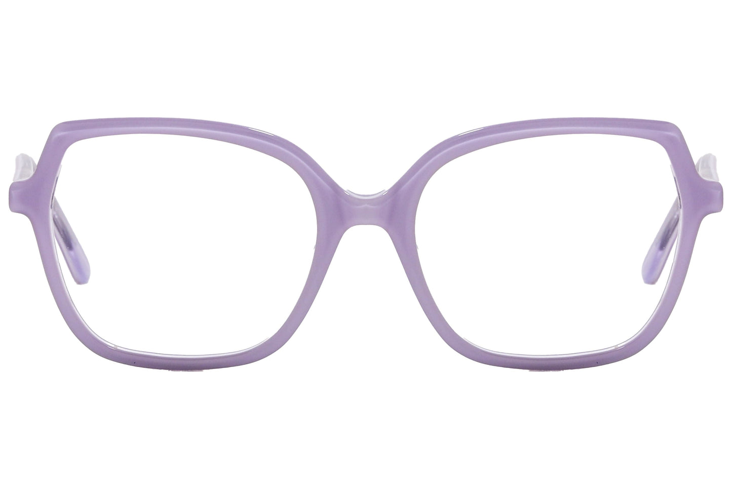 lj geometric light purple eyeglasses frame viewed from front angle.