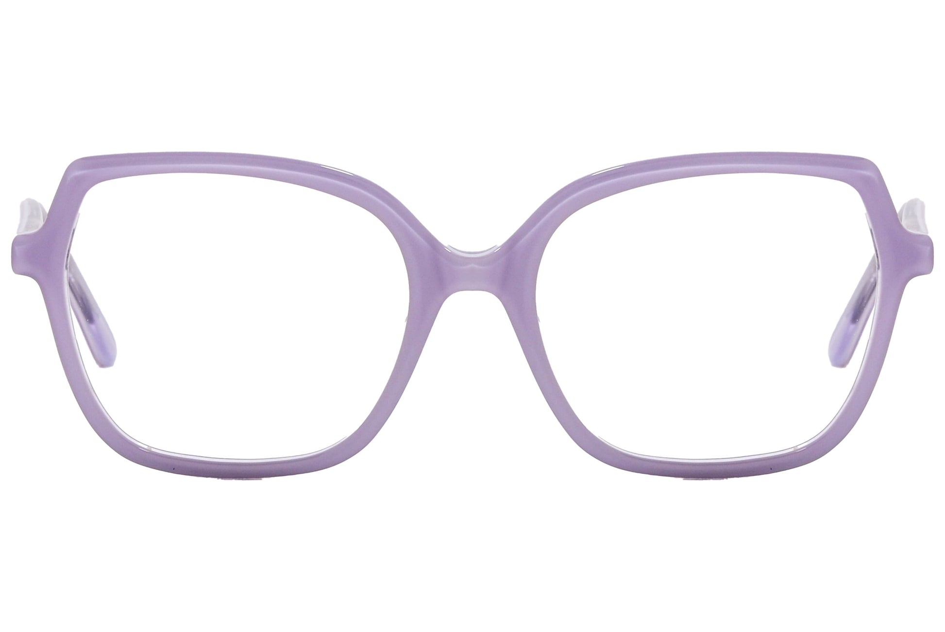 lj geometric light purple eyeglasses frame viewed from front angle.