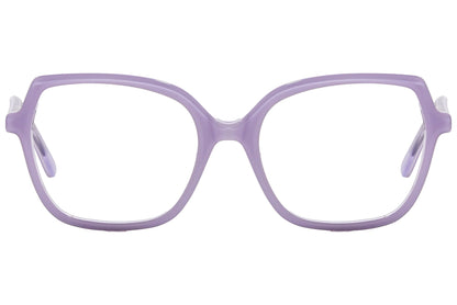 lj geometric light purple eyeglasses frame viewed from front angle.