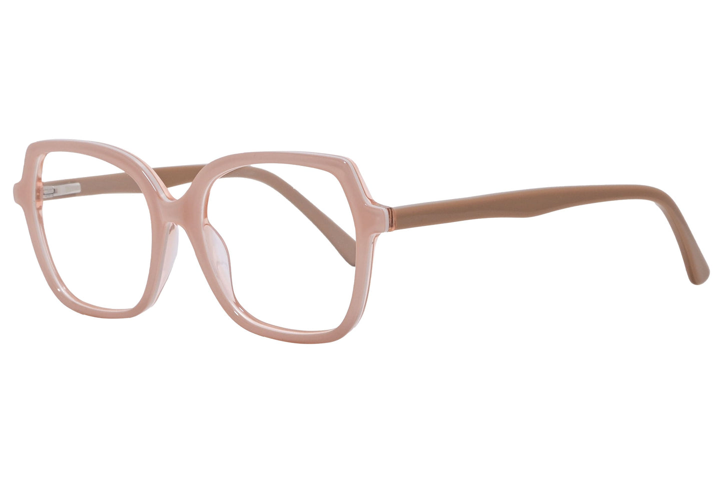 lj geometric light brown eyeglasses frame viewed from a 45-degree angle.