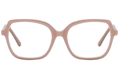 lj geometric light brown eyeglasses frame viewed from front angle.