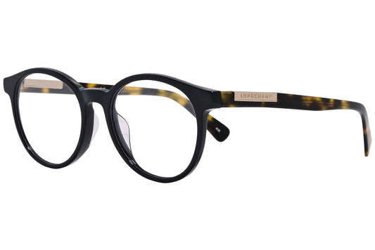 longchamp round yellow tortoise eyeglasses frame viewed from a 45-degree angle.