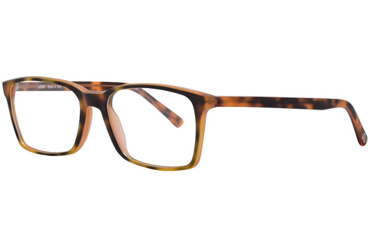 look@me rectangle brown tortoise eyeglasses frame viewed from a 45-degree angle.