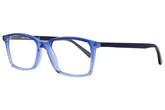 look@me rectangle blue eyeglasses frame viewed from a 45-degree angle.