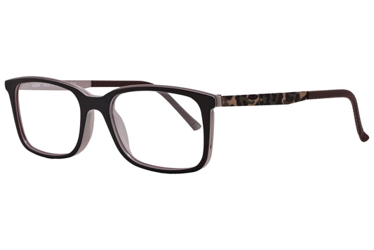 look@me rectangle brown camouflage eyeglasses frame viewed from a 45-degree angle.