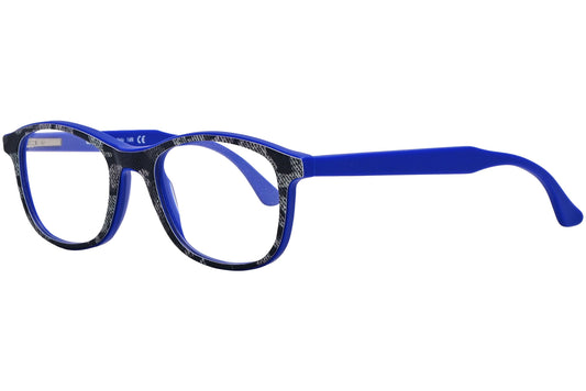 look@me rectangle blue eyeglasses frame viewed from a 45-degree angle.