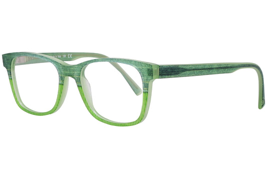 look@me wayfarer green eyeglasses frame viewed from a 45-degree angle.