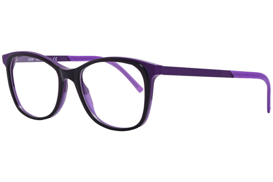 look@me rectangle purple eyeglasses frame viewed from a 45-degree angle.