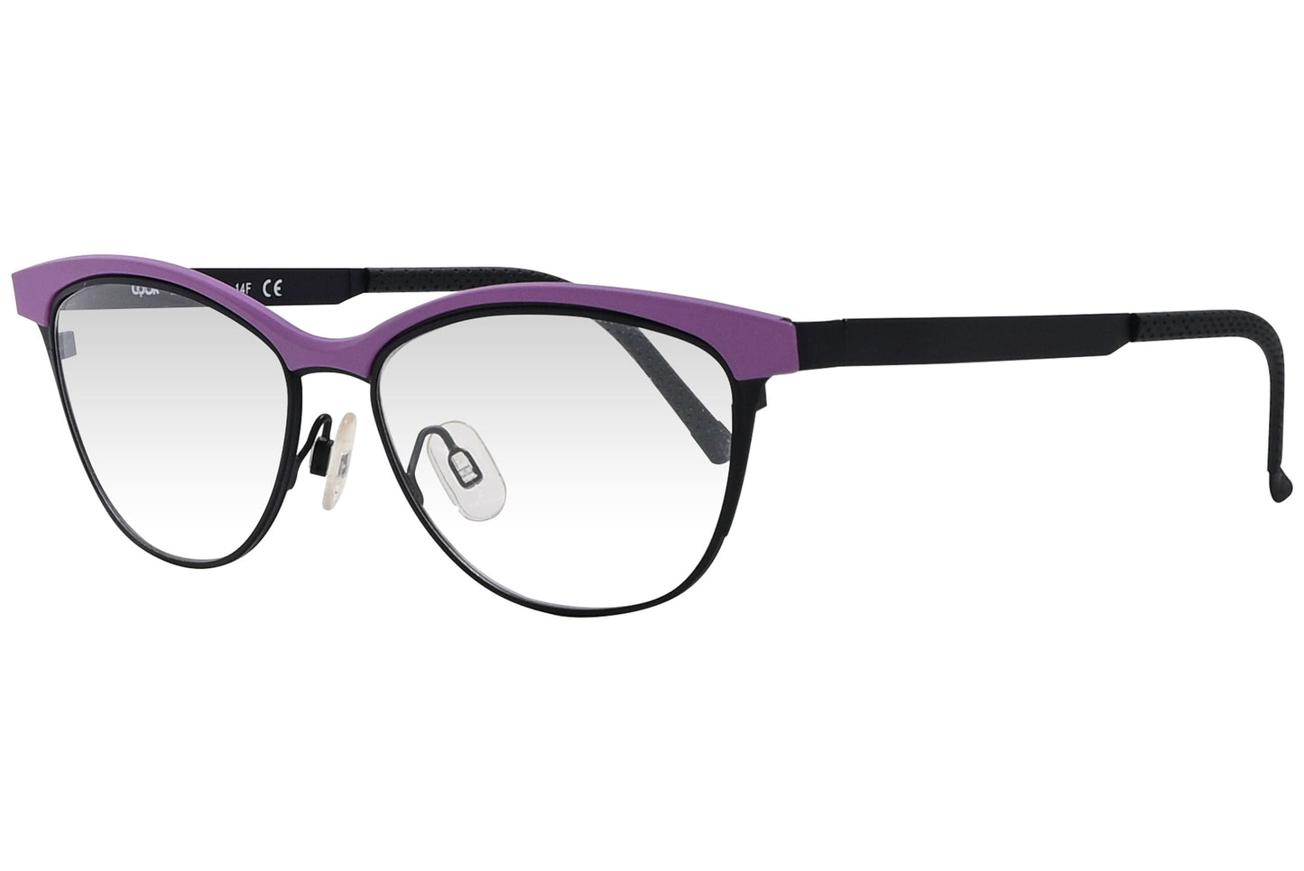 look browline purple eyeglasses frame viewed from a 45-degree angle.