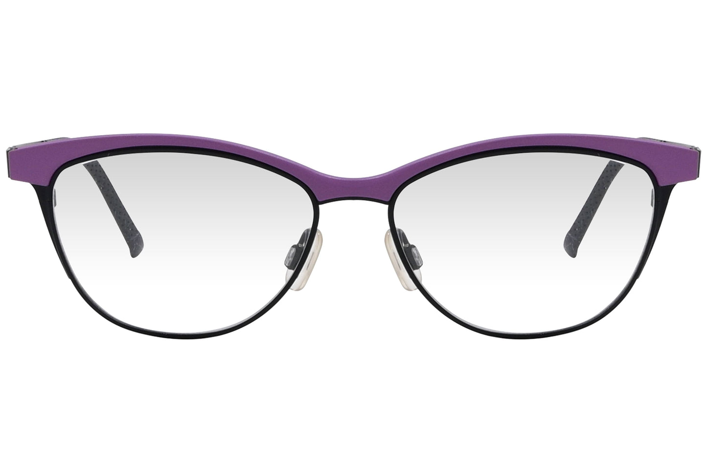 look browline purple eyeglasses frame viewed from front angle.