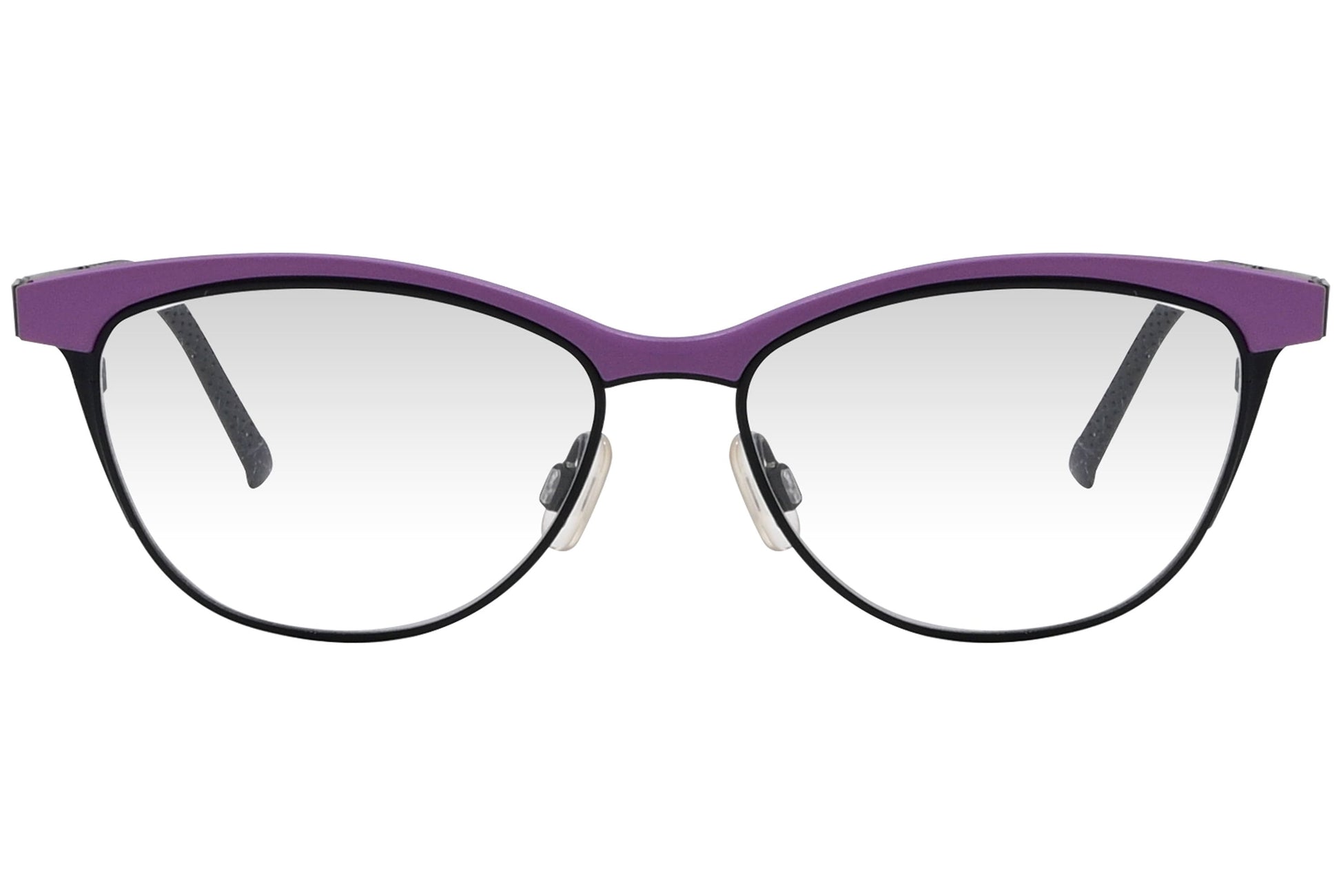 look browline purple eyeglasses frame viewed from front angle.