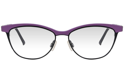 look browline purple eyeglasses frame viewed from front angle.