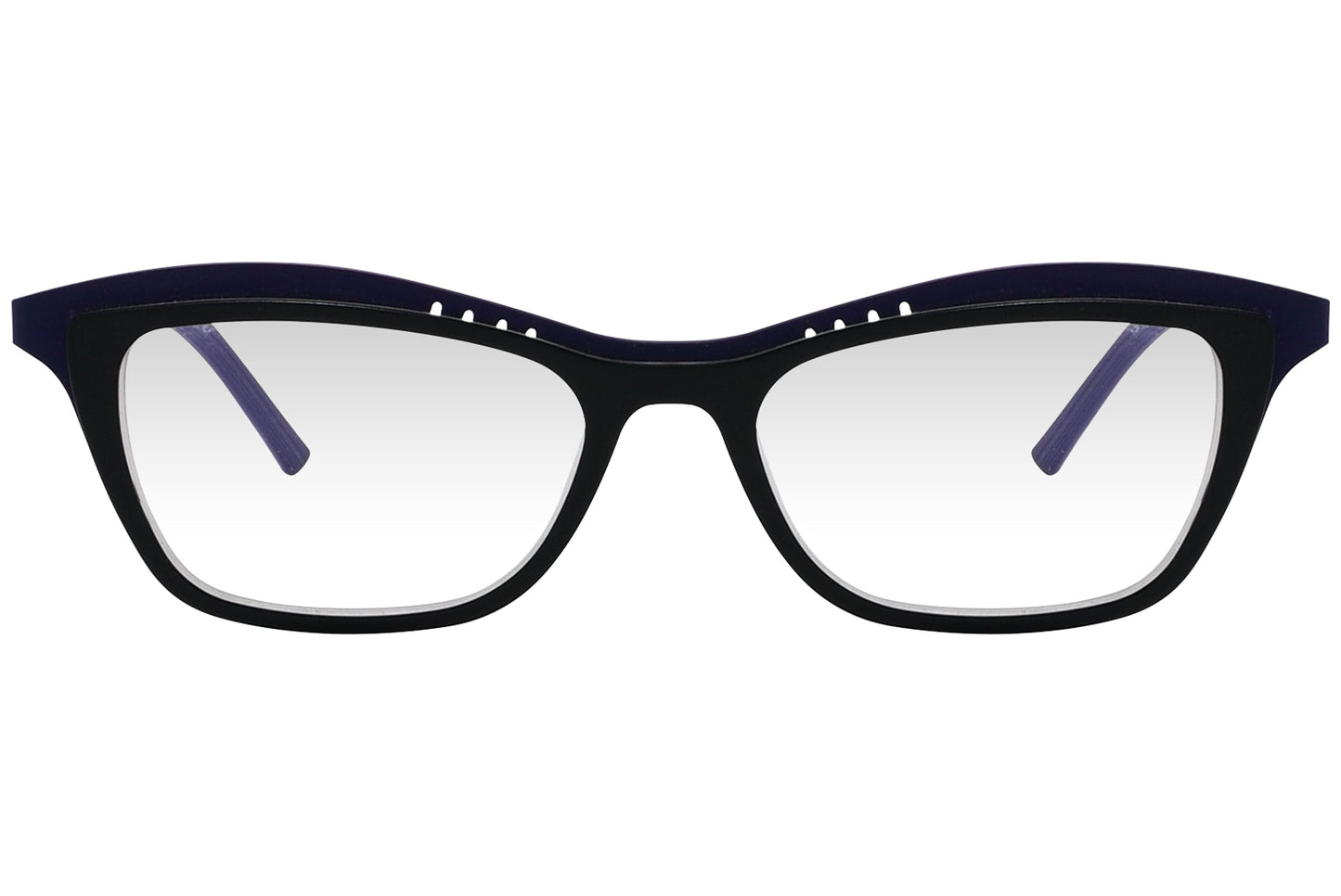 look browline purple eyeglasses frame viewed from front angle.