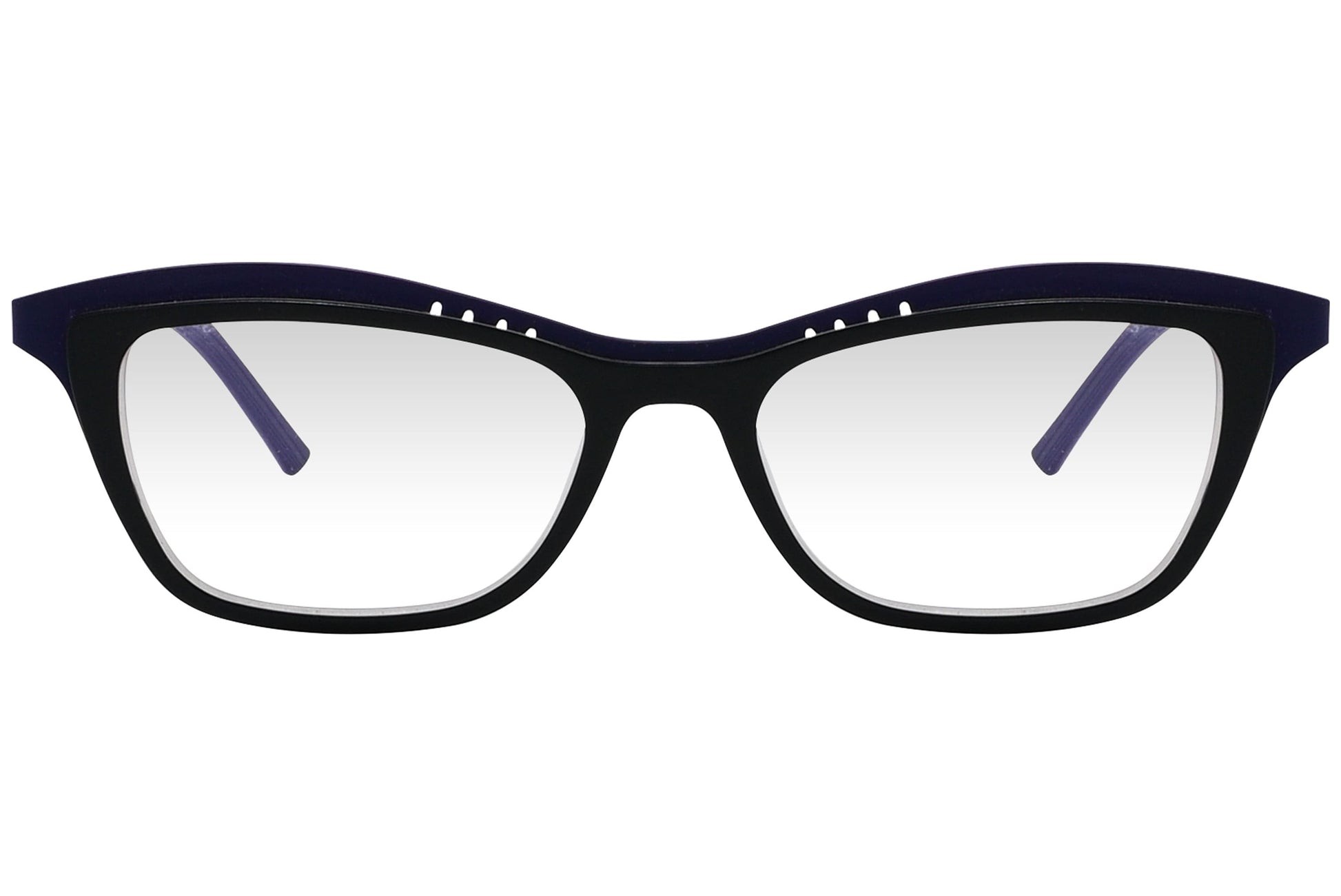 look browline purple eyeglasses frame viewed from front angle.